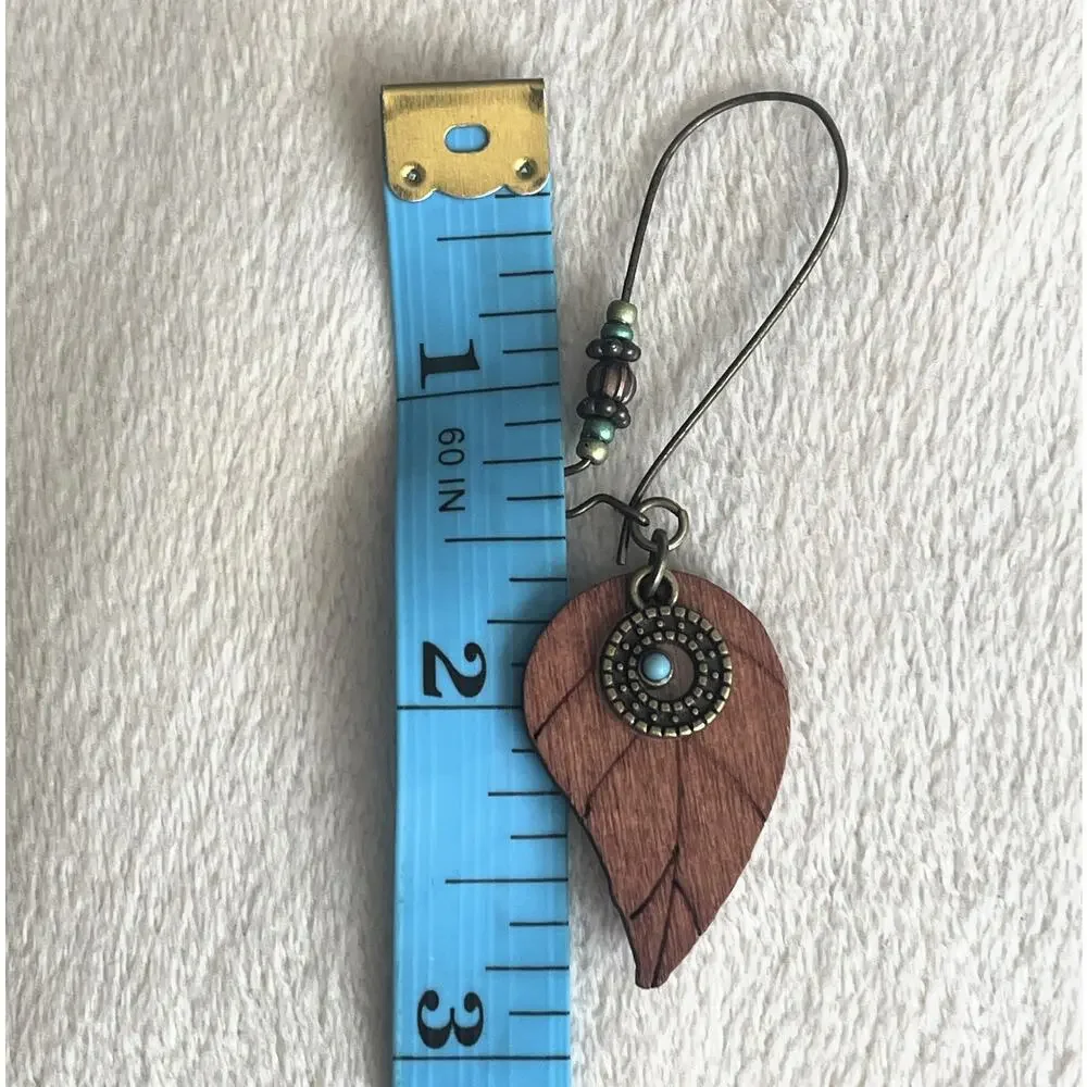 NEW Western Wooden Leaf Feather Earrings Brown with Turquoise Beading Boho Drop